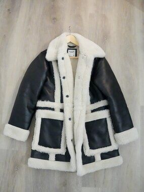 Abercrombie & Fitch Women Vegan Leather Sherpa Belted Coat Black Cream Size XS
